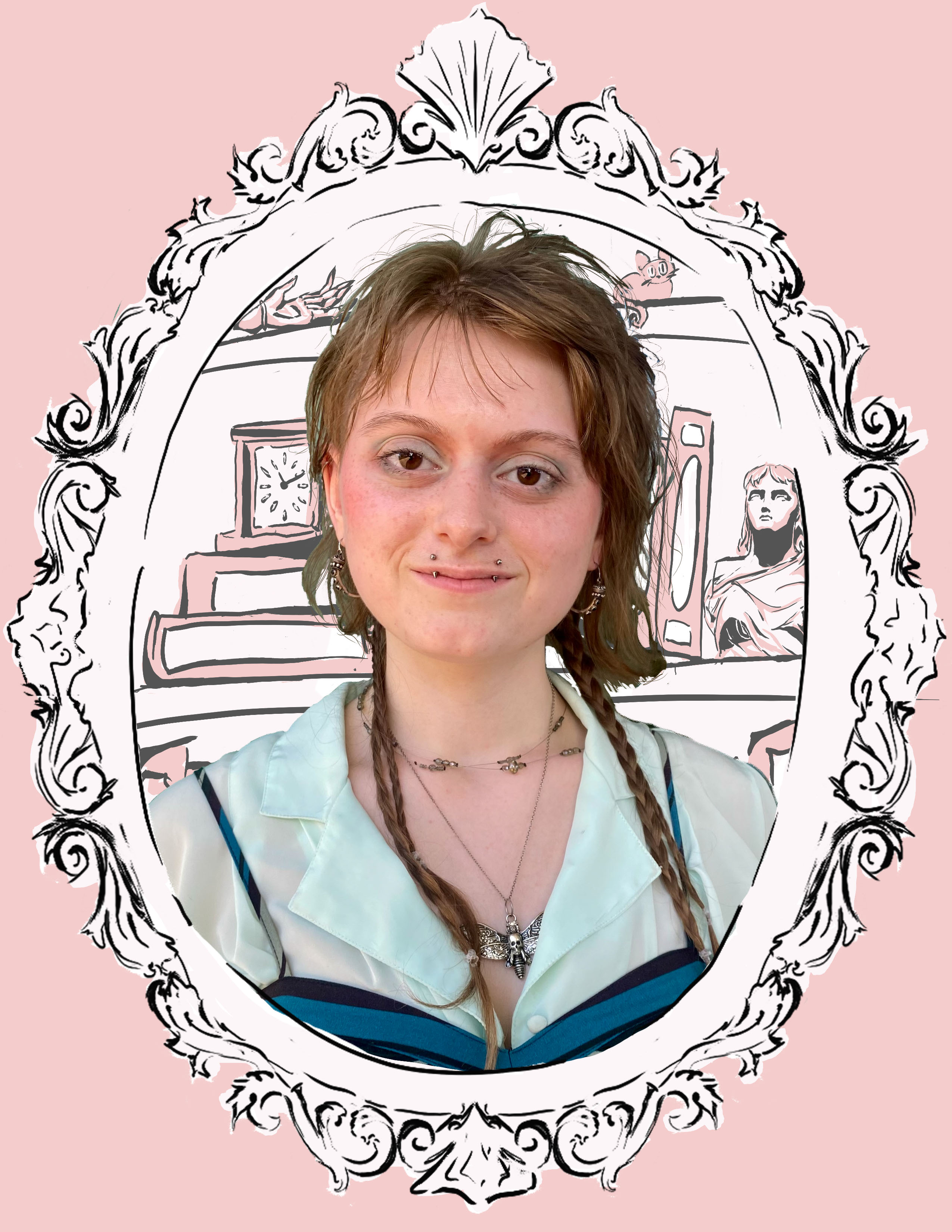 photo of a young white woman with short hair in an illustraited frame