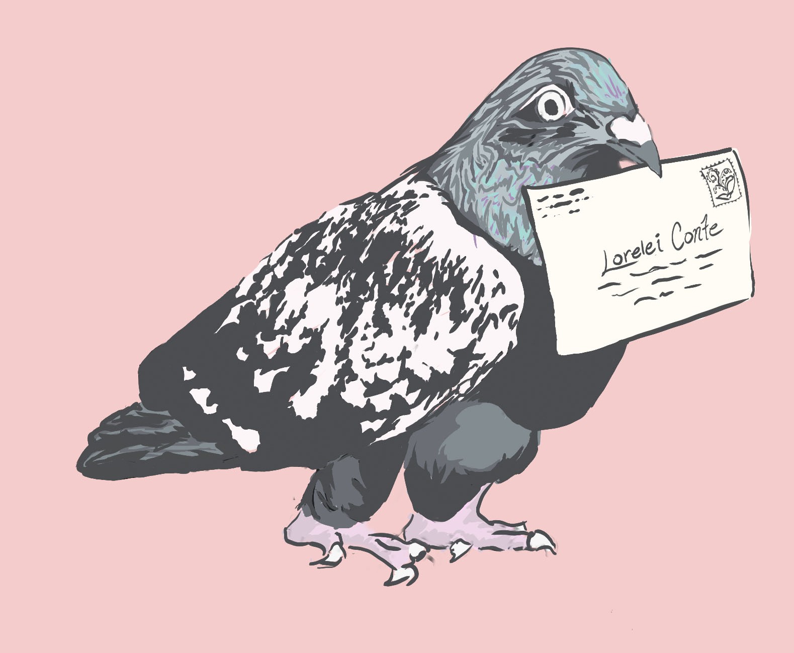 Gray pigeon holding a letter in their mouth
