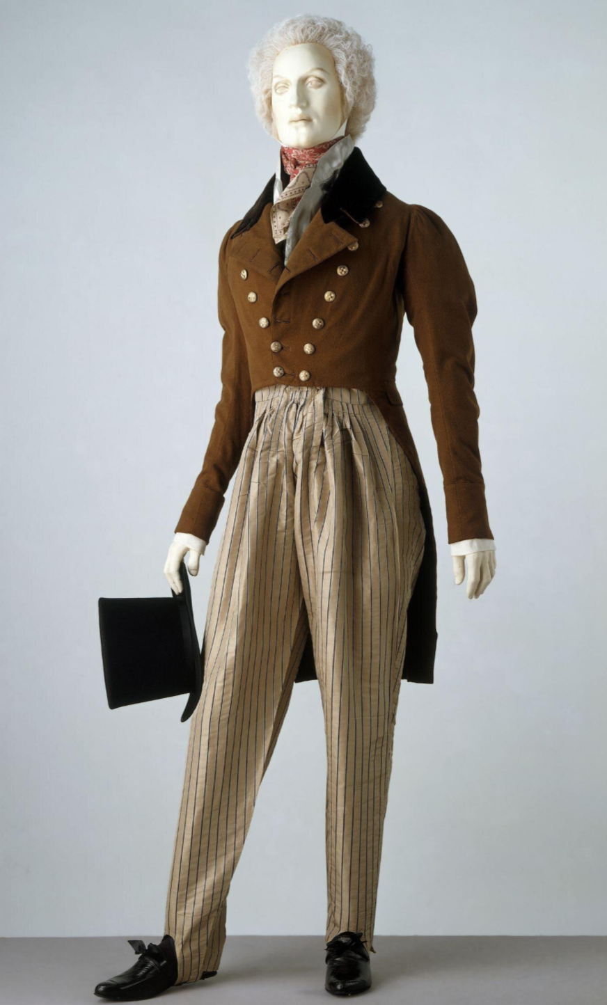 a mannequine wearing a tail coat and pleated regency pants