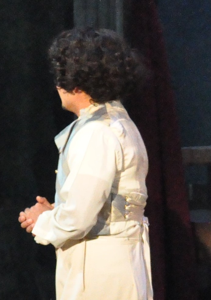 a man wearing a blue and gold striped vest, back view, lacing tabs are visible