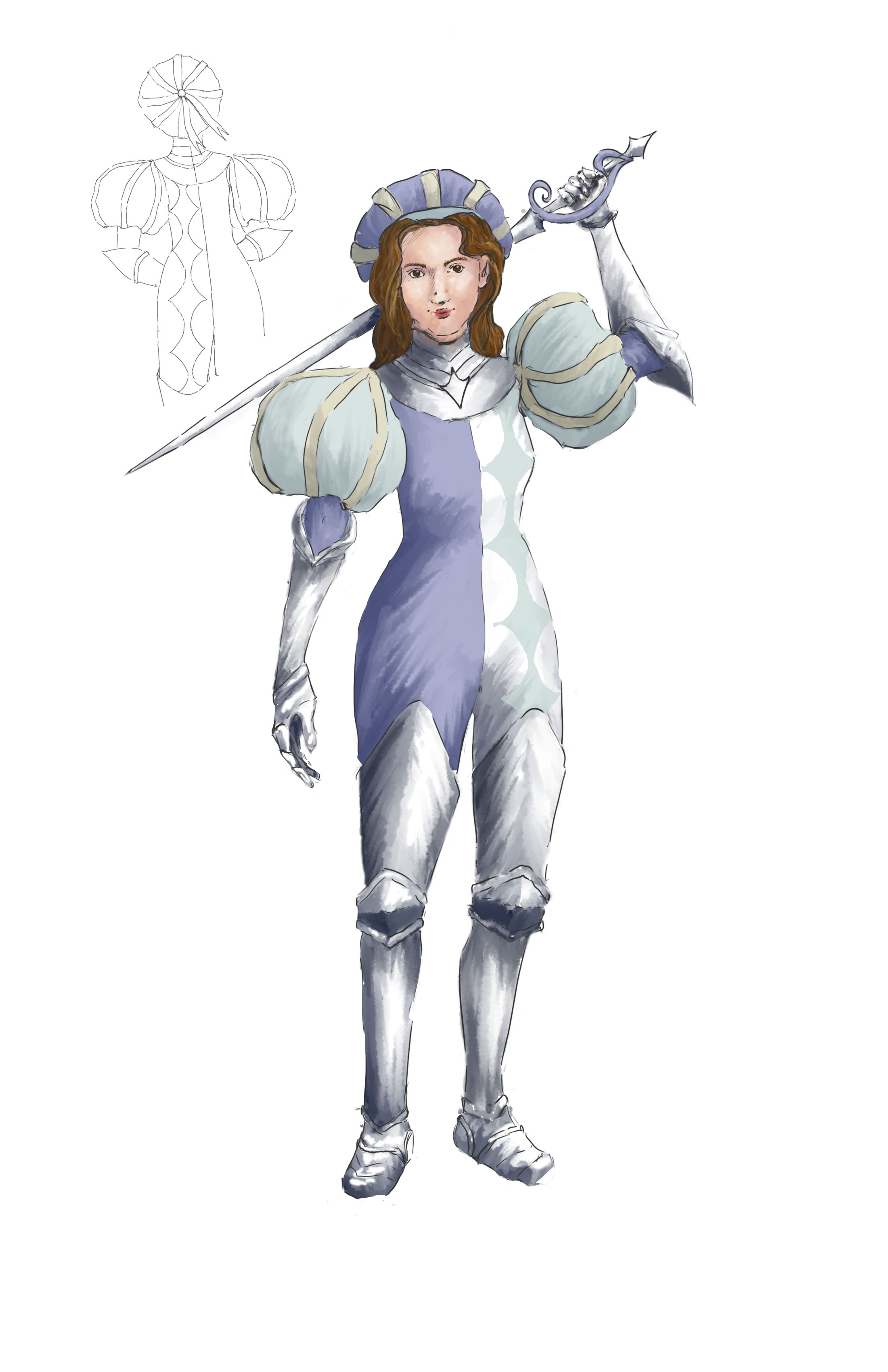 A digital rendering of a woman in a unitard with big puff sleevs carrying a sword