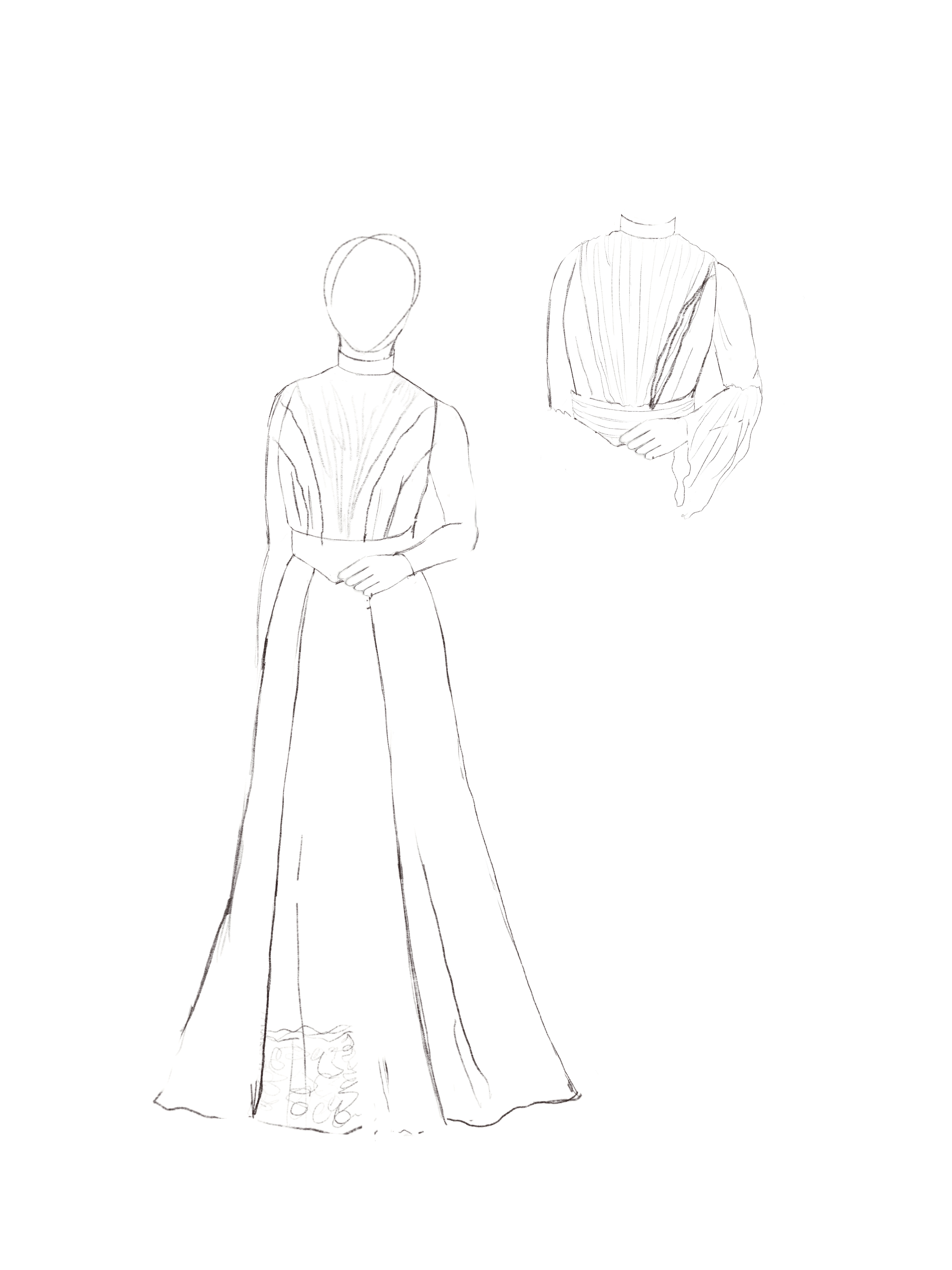 A line drawing of a 1900s dress