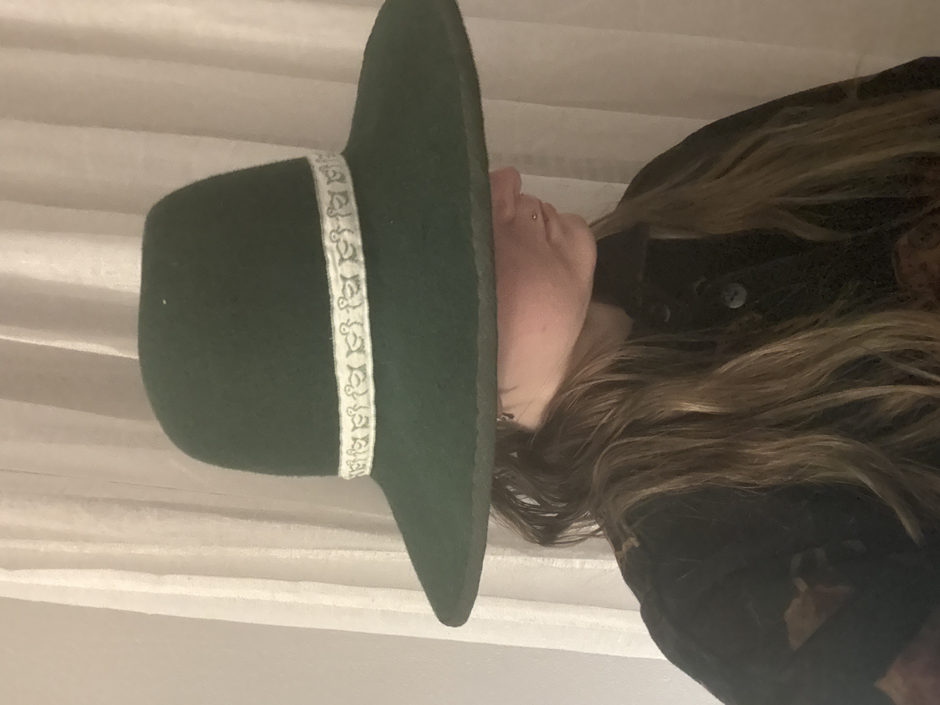 A green wide brimmed hat with a white hatband, side view