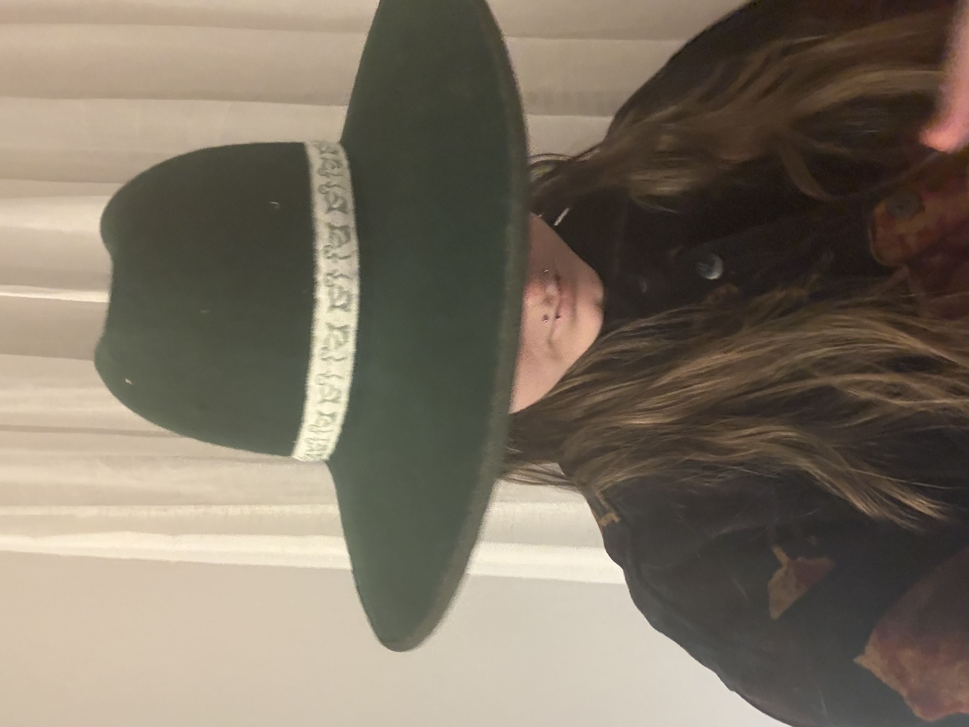 A green wide brimmed hat with a white hatband, top view
