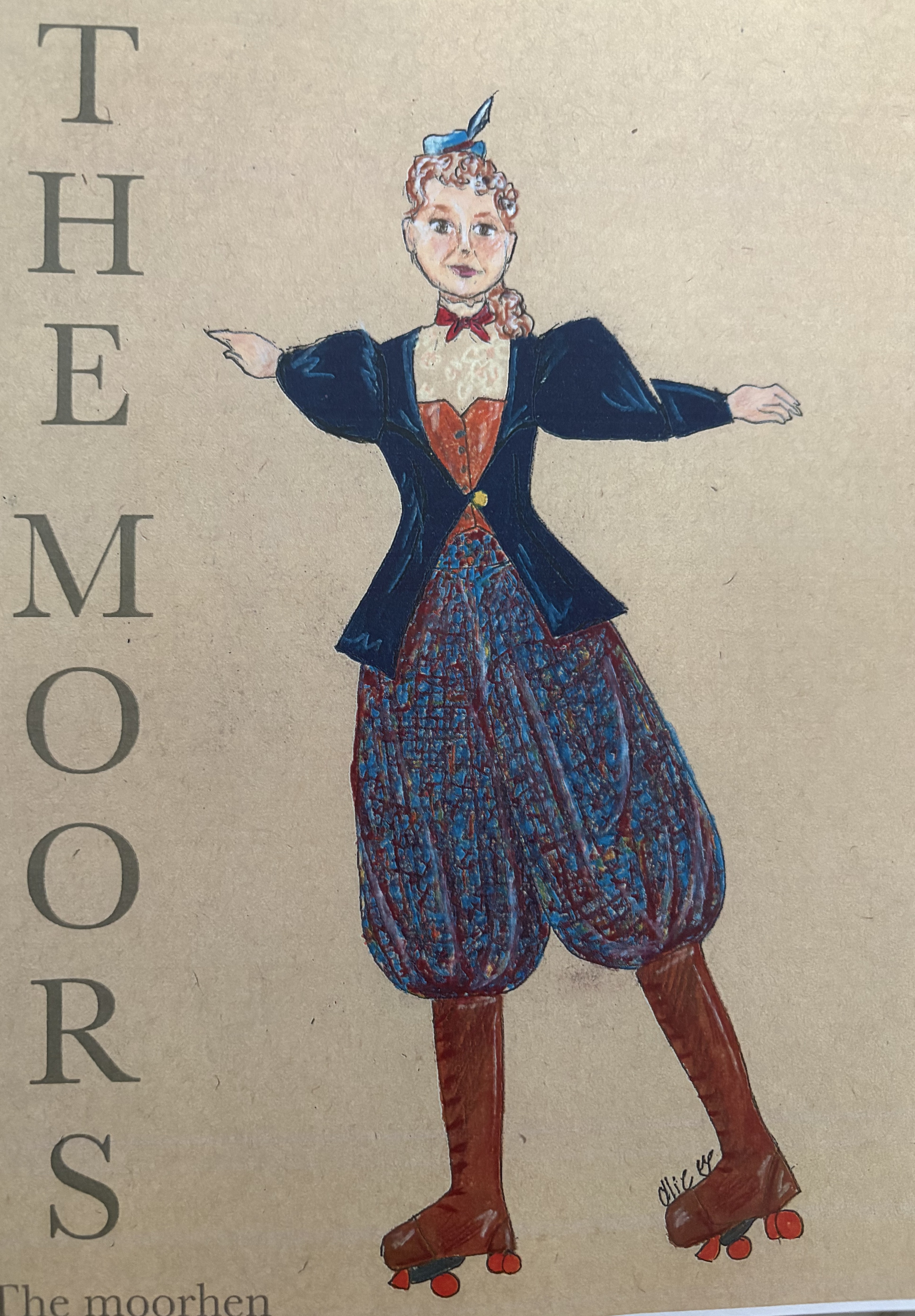 A rendering of a woman on rollerskates wearing voluminous plaid breeches