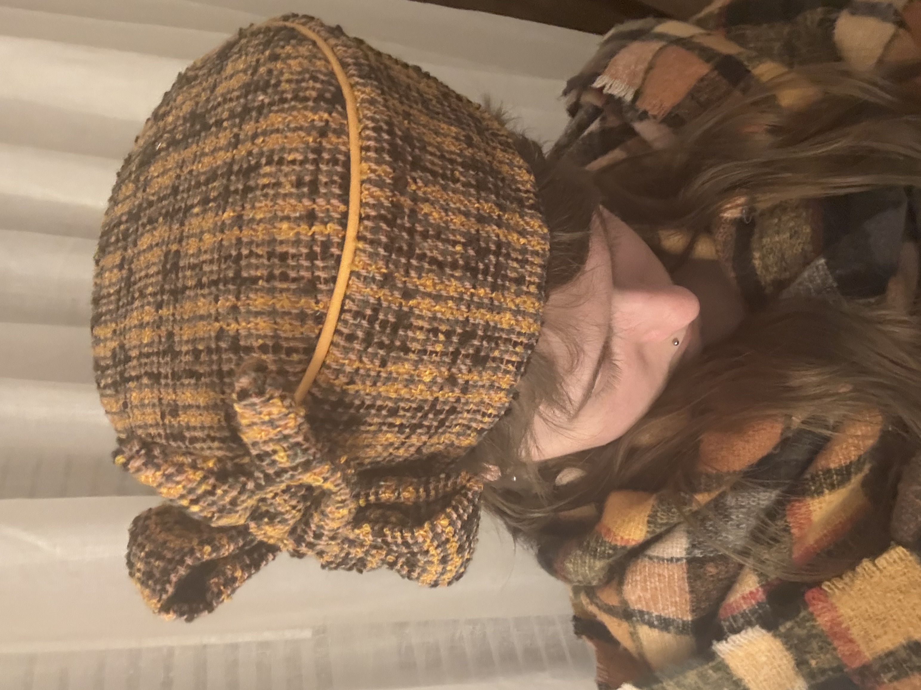Orange plaid pillbox hat, top view